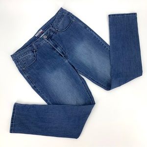 Santana Jeans Distressed Blue High Rise Straight Leg Jeans, 14